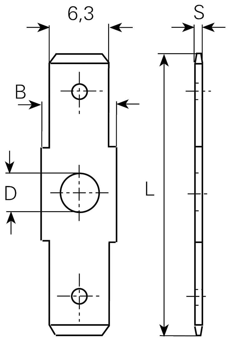Dessin technique d'un composant avec dimensions : Largeur 6,3, Hauteur L, Profondeur S. Perçages circulaires et linéaires aux points B et D.
