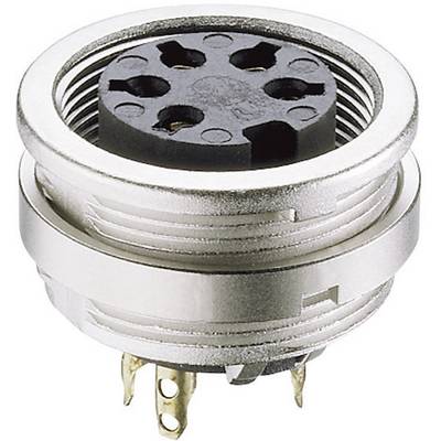 Une fiche électrique ronde en métal avec cinq ouvertures circulaires, adaptée aux connexions électroniques, comportant trois contacts métalliques visibles.