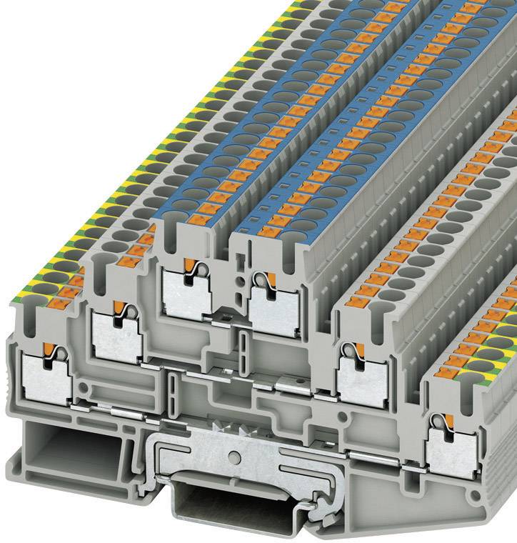'Coupe transversale d'une barrette de connexion électrique à plusieurs étages avec codage couleur pour l'organisation des câbles et des conducteurs.'