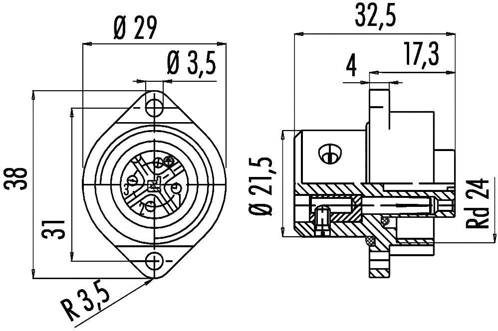 Dessin technique d'une fiche circulaire avec ses dimensions : Vue de face montrant le diamètre et les trous de perçage, vue latérale avec des dimensions de profondeur supplémentaires.
