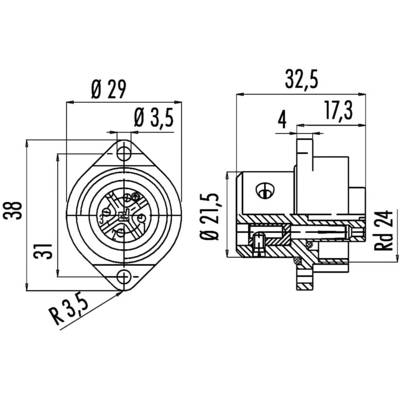 Dessin technique d'une fiche circulaire avec ses dimensions : Vue de face montrant le diamètre et les trous de perçage, vue latérale avec des dimensions de profondeur supplémentaires.
