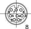 Un diagramme technique montre la disposition de huit emplacements numérotés dans un connecteur circulaire.