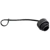 Un bouchon de fermeture noir avec une boucle de fixation flexible, adapté pour sceller de manière sécurisée des contenants ou des appareils.