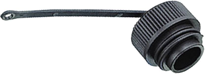 Couvercle en plastique noir avec rainures et sangle de fixation, adapté pour fermer des contenants ou des bouteilles.