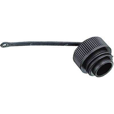 Couvercle en plastique noir avec rainures et sangle de fixation, adapté pour fermer des contenants ou des bouteilles.