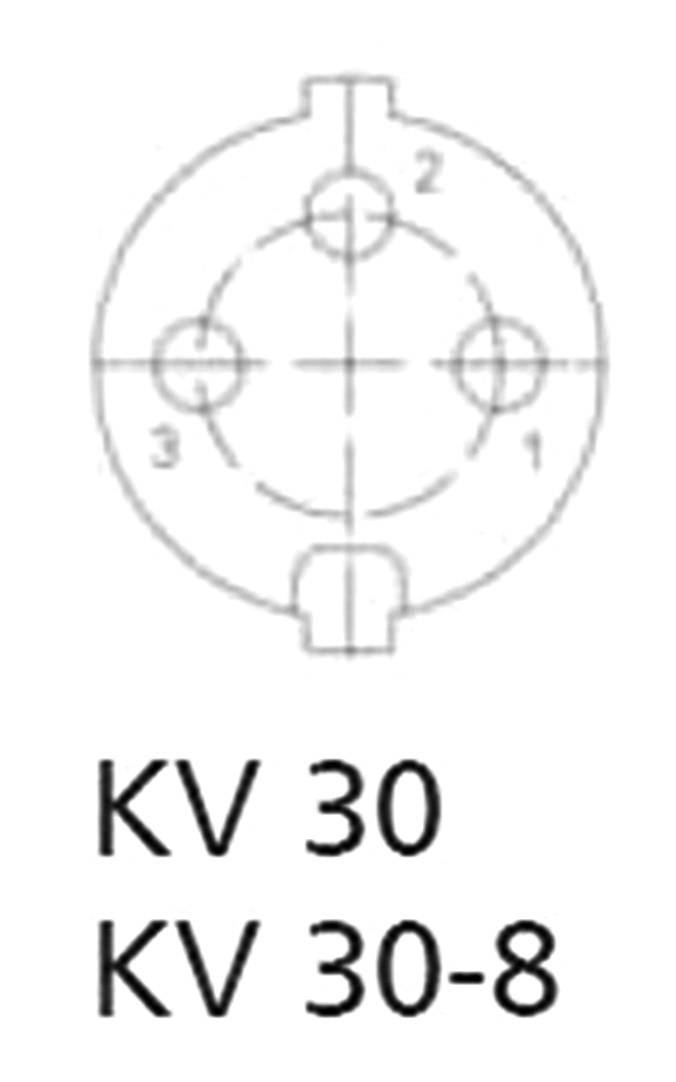 'Schéma de câblage pour une fiche KV 30 avec disposition des contacts de connexion 1 à 3.'