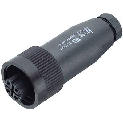 Un connecteur cylindrique noir avec des spécifications électriques spécifiques est présenté.