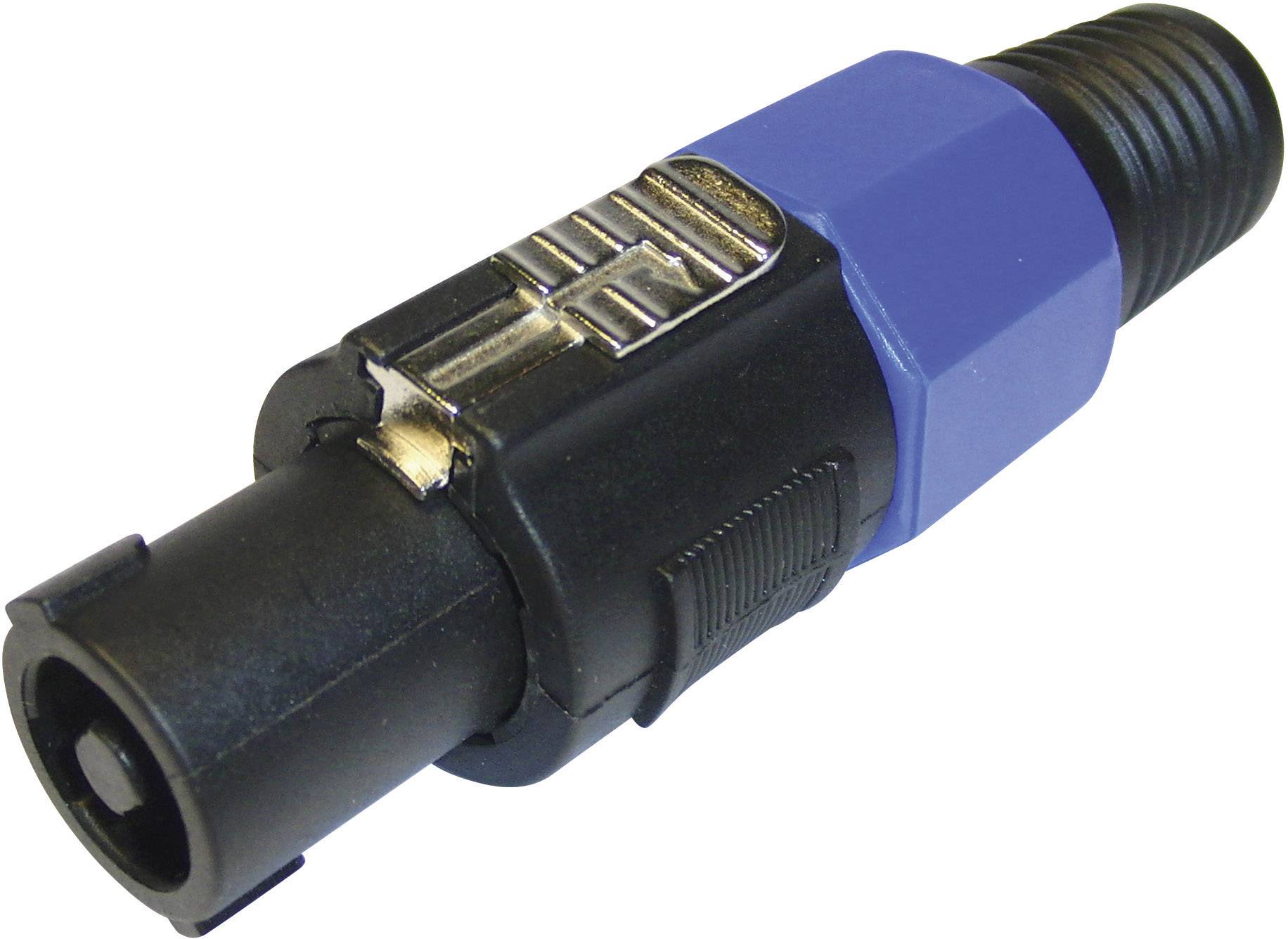 Adaptateur de prise avec boîtier bleu et noir, adapté aux connexions d'équipements audio ou d'éclairage professionnels.