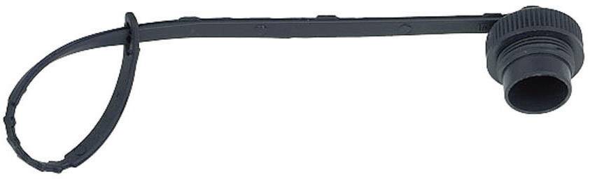 Bouchon d'obturation en plastique noir avec une longue bande flexible pour la fixation sur des contenants ou des couvercles.