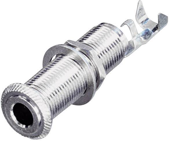 Douille métallique filetée avec contact en L, utilisée pour les connexions audio ou électroniques.