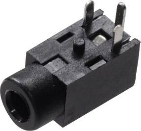Une prise jack stéréo noire de 3,5 mm avec deux broches métalliques dépasse vers le haut. Elle sert à connecter des appareils audio.
