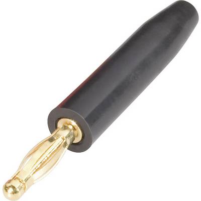 Fiche banane dorée avec gaine noire, utilisée pour établir une connexion électrique sécurisée entre des câbles de haut-parleurs ou des câbles audio.