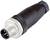 Connecteur M12 noir avec filetage métallique et plusieurs broches, utilisé pour des applications industrielles et électroniques.