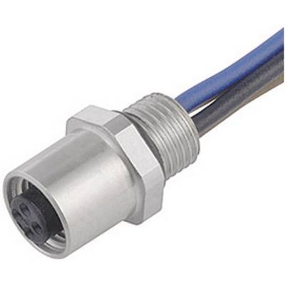 Un connecteur cylindrique avec boîtier métallique, auquel trois fils colorés sont raccordés : bleu, marron et noir.
