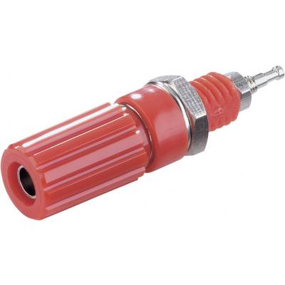 Un fiche banane rouge avec capuchon strié et connexion à vis métallique, utilisée pour les connexions électriques.