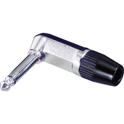 Un adaptateur coudé pour fiche jack avec boîtier métallique et capuchon en plastique noir à l'extrémité, adapté aux appareils audio.