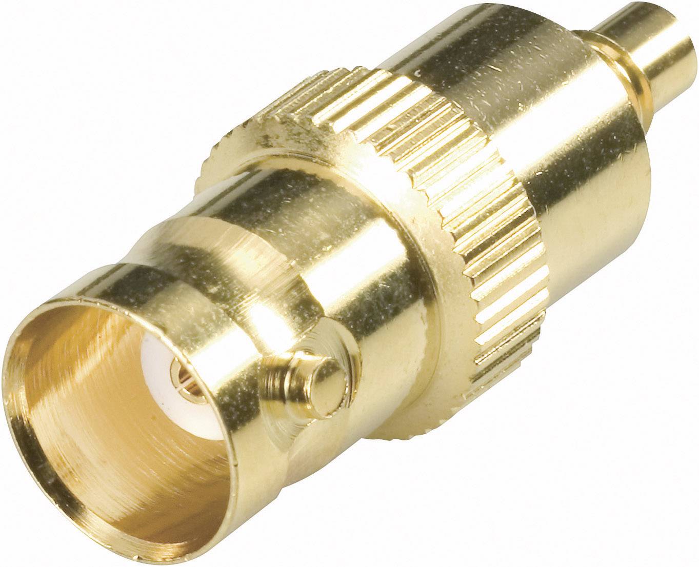 Adaptateur métallique doré avec partie centrale cannelée et deux connexions différentes à chaque extrémité, sur fond blanc.