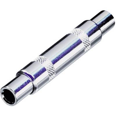 Un adaptateur audio argenté avec deux connecteurs, l'un mâle et l'autre femelle, reliés par une partie centrale cannelée.