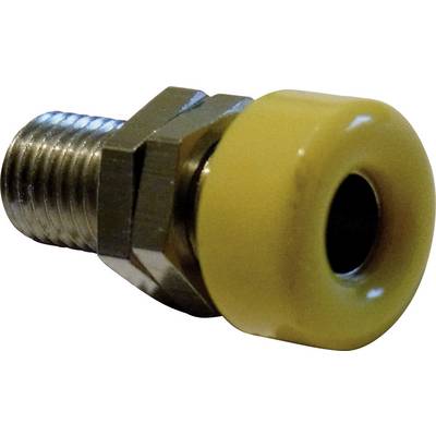 Raccord métallique avec bouchon jaune, filetage sur un côté. Utilisé pour les connexions pneumatiques et les systèmes à air comprimé.