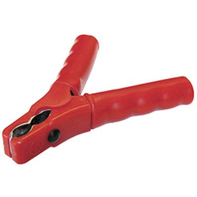 Un serre-câble rouge en gros plan, utilisé pour connecter des câbles pour la transmission ou la maintenance électrique d'un véhicule.
