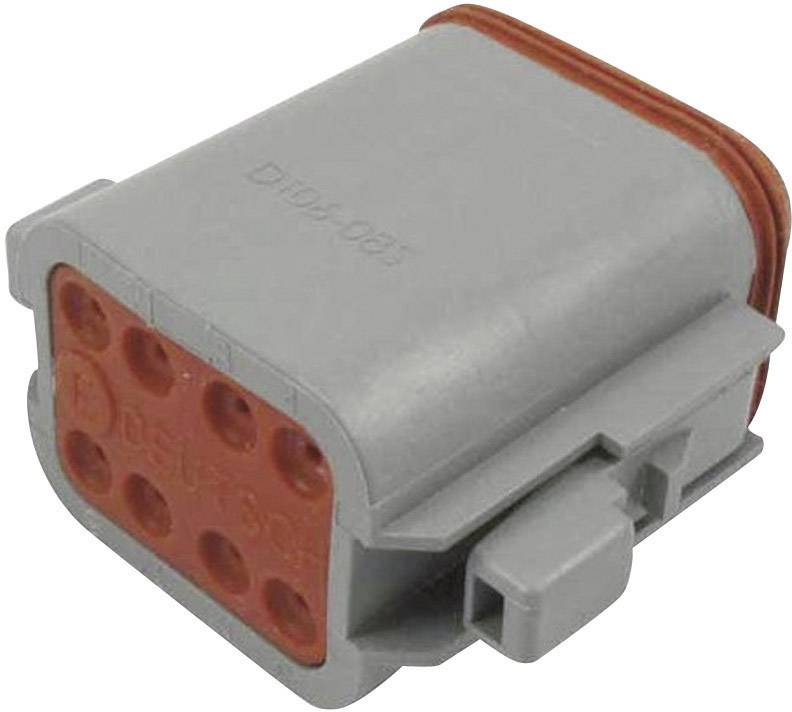 Connecteur électrique rectangulaire gris avec plusieurs bornes rondes rouges et un mécanisme de verrouillage.