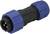 Un adaptateur électrique étanche bleu et noir avec trois broches dorées, adapté aux applications industrielles.