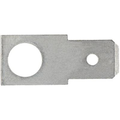 Un bornier plat en métal avec deux trous ronds de différents diamètres, adapté pour les connexions électriques.