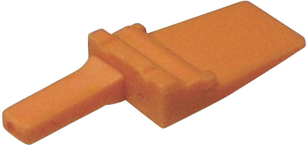 Un outil en plastique orange, rectangulaire, avec une poignée étroite et une large tête plate, probablement un coin.