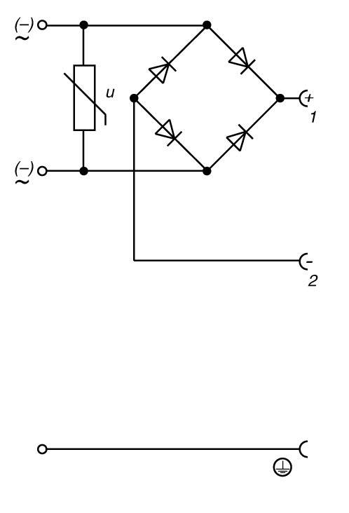 Schéma de circuit avec un pont redresseur, un condensateur, broches marquées comme '+1' et '-2'. Diodes dans un rectangle, condensateur connecté en dessous.