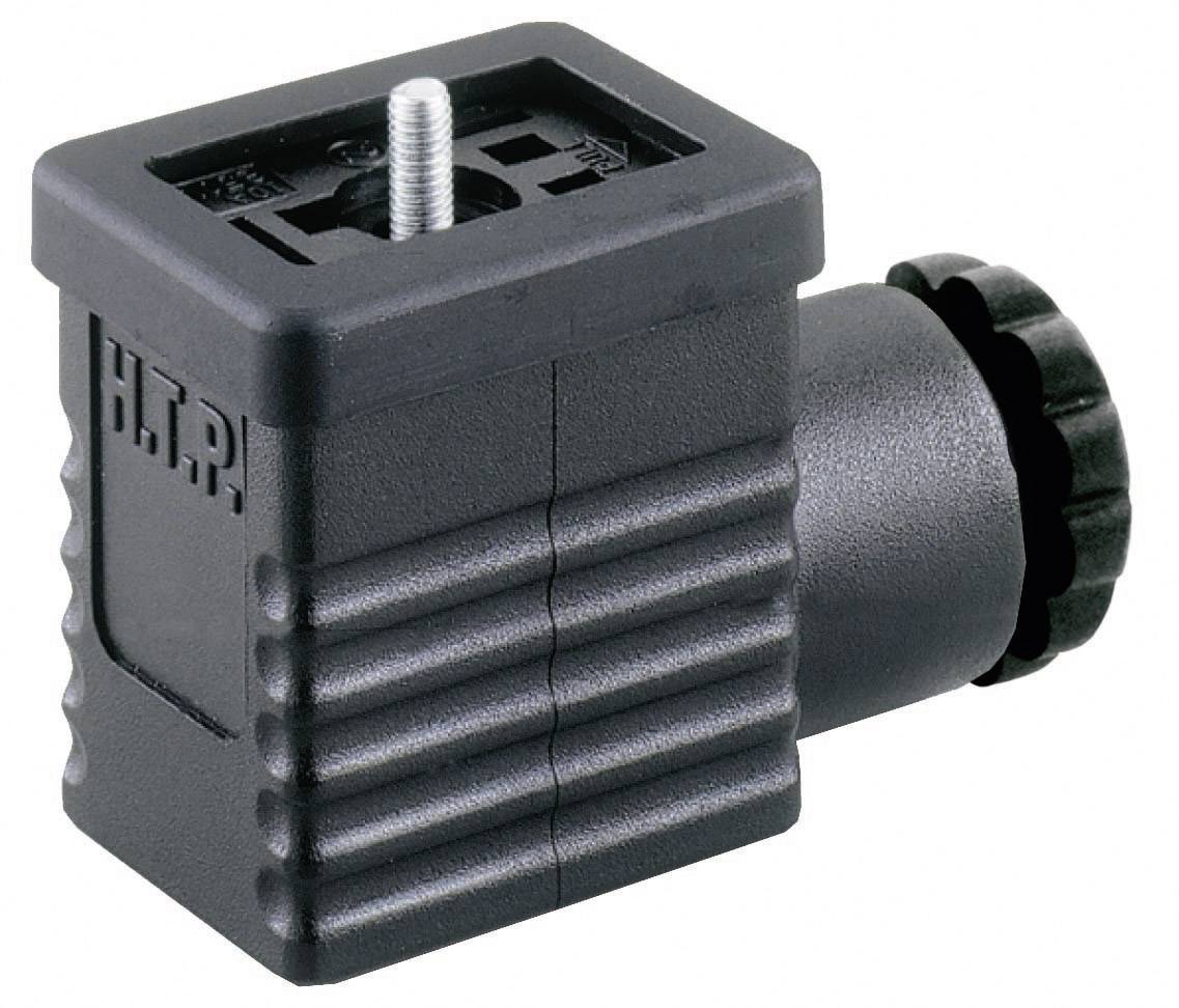 Un adaptateur en plastique noir avec filetage et surface striée. Sur le côté est inscrit 'H.T.P'.