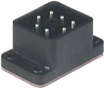 Fiche électrique noire avec six broches métalliques, de forme rectangulaire, montable avec quatre trous aux coins.