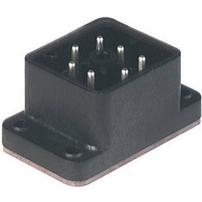Fiche électrique noire avec six broches métalliques, de forme rectangulaire, montable avec quatre trous aux coins.