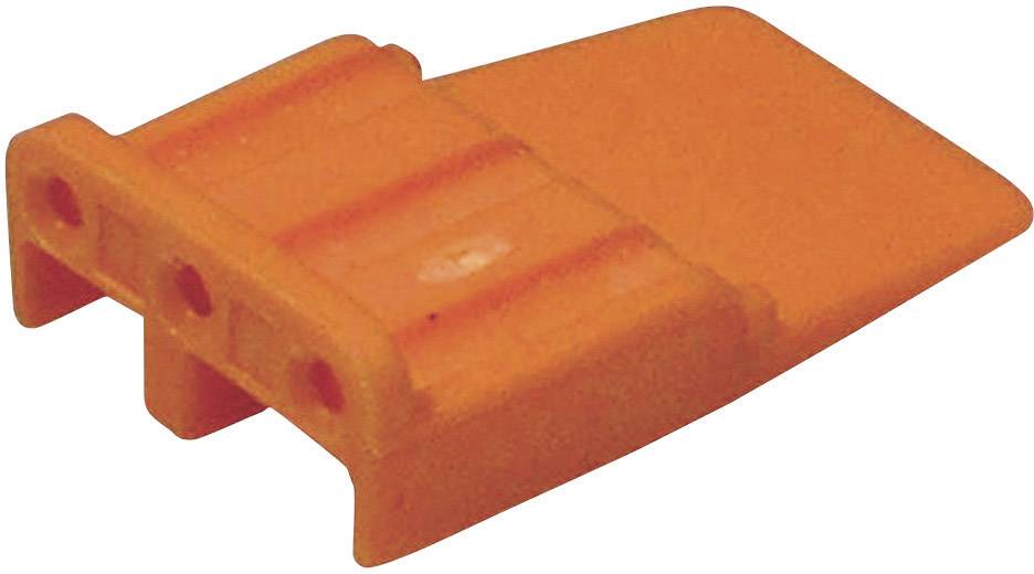 Un élément en plastique orange avec trois trous et une pointe arrondie.
