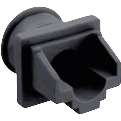 Pièce technique en plastique noir avec ouverture rectangulaire et bords arrondis, probablement un composant mécanique ou un adaptateur.