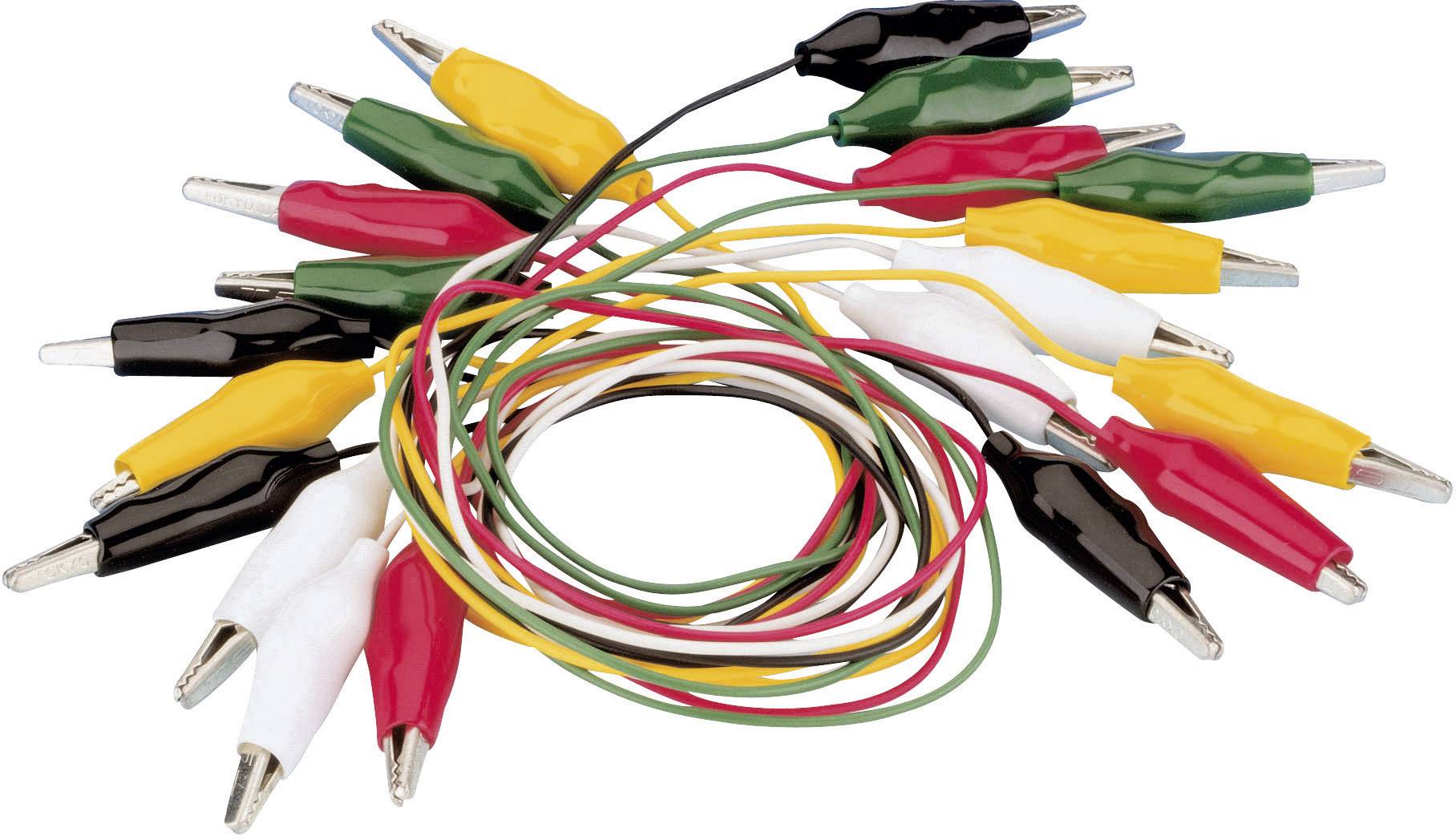 Pinces crocodiles multicolores avec des câbles emmêlés. Elles sont rouges, jaunes, vertes, noires et blanches, et conviennent pour connecter des fils.