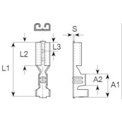 Dessin technique d'un connecteur avec les dimensions L1, L2, L3, S, A1, A2. Vue latérale et vue de face représentées.