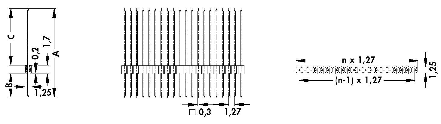 Dessin technique d'un connecteur avec indications dimensionnelles : écart de 1,27 mm, hauteur A, B, C variables. Représenté en vue de dessus et en vue latérale.