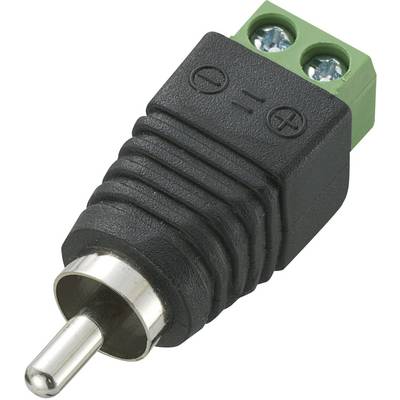 Adaptateur de connecteur RCA avec bornes à vis, boîtier noir, embout métallique, deux bornes à vis vertes avec symboles plus et moins.