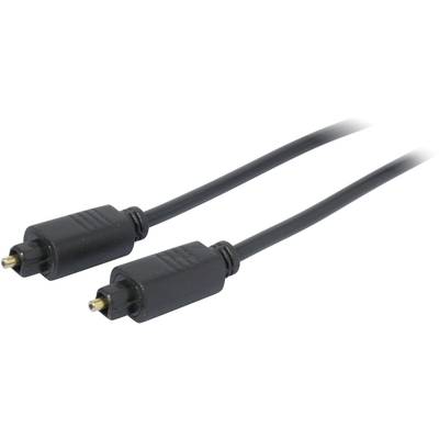 Câble audio optique noir à deux connecteurs Toslink, adapté à la transmission de signaux audio numériques entre appareils.