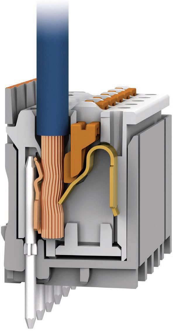 Connecteur en coupe transversale montrant la connexion de câbles et les contacts internes. Câbles en bleu, connexions internes en orange.