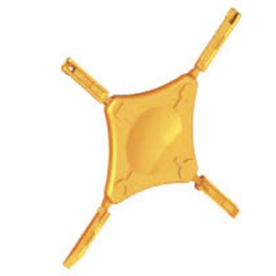 Pièce en plastique orange en forme de X avec des bords arrondis et quatre bras allongés.
