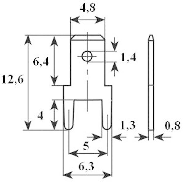 Dessin technique d'un connecteur avec dimensions de longueur et de largeur en millimètres, incluant la hauteur totale, la largeur et les distances spécifiques entre composants.