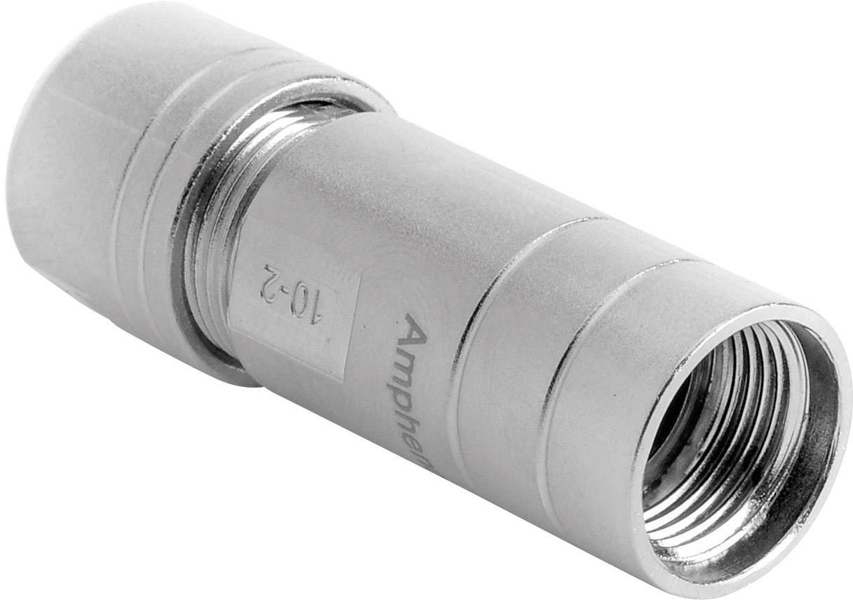 Boîtier de connecteur métallique gris de forme cylindrique avec ouverture filetée.