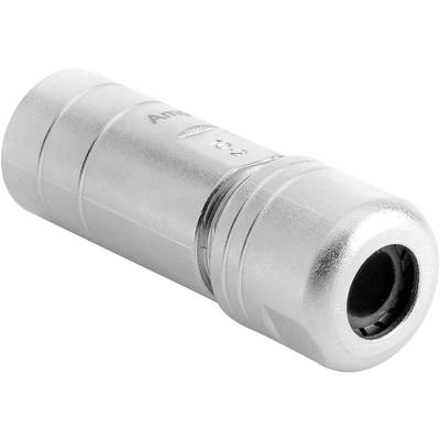 Adaptateur cylindrique en métal, destiné à connecter des câbles audio, de couleur argent, avec des rainures distinctives et une ouverture d'entrée à l'avant.