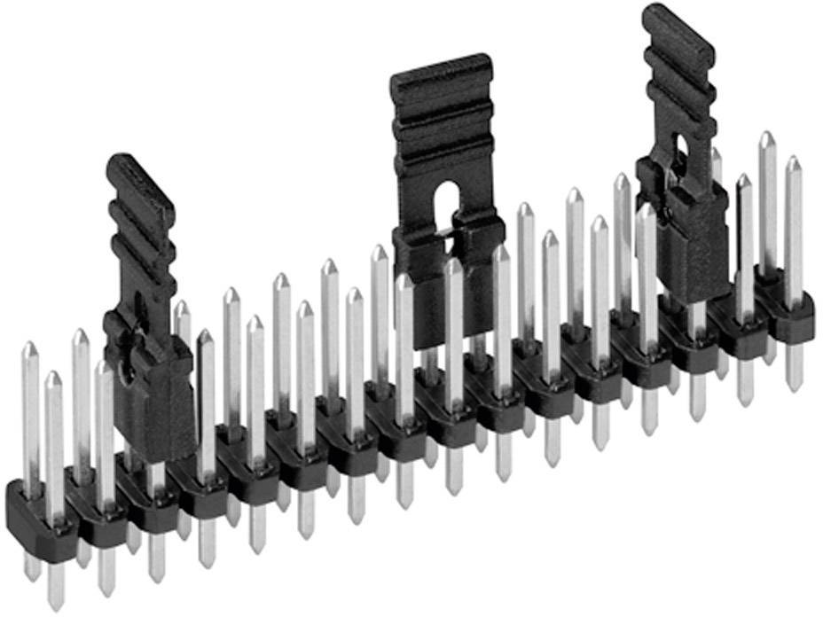 Un connecteur à barrette de broches à double rangée avec trois ponts de court-circuit noirs au-dessus, sur un fond blanc.