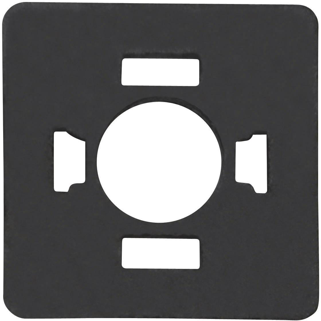 Une plaque carrée noire aux coins arrondis, percée d'un trou circulaire central et flanquée de trois découpes rectangulaires.