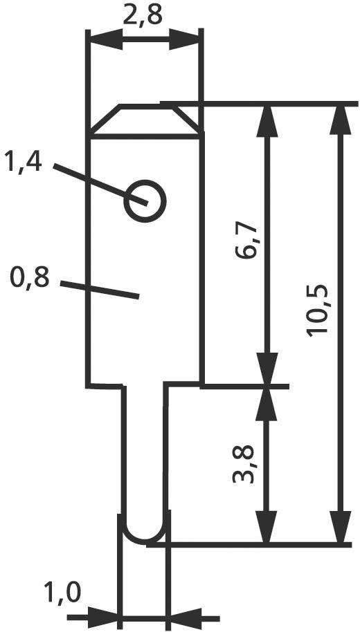 Dessin technique d'un stylo avec dimensions : Longueur totale 10,5, Hauteur de tête 1,4, Diamètre de tête 2,8, Longueur du stylo 6,7, Diamètre du stylo 0,8.