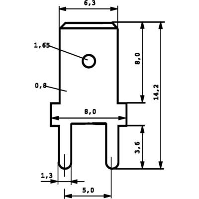 Dessin technique d'un connecteur électrique avec des dimensions en millimètres, comprenant 6,3, 8,0, 1,65, 0,8, 14,2, 3,6, 1,3 et 5,0.