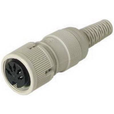 Une fiche DIN grise à surface striée et à connexion cinq broches, couramment utilisée pour les appareils audio et MIDI.