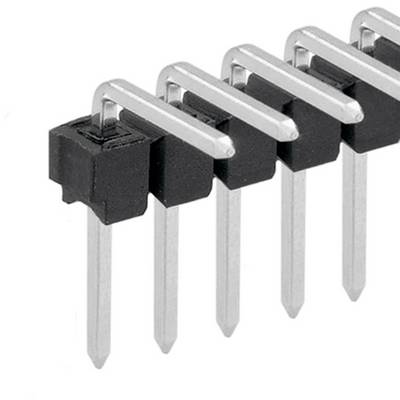 Une barrette électrique à cinq broches métalliques alignées. Base en plastique noir sur la face supérieure. Utilisée pour les connexions électroniques.